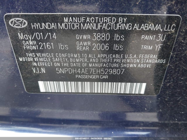 5NPDH4AE7EH529807 Hyundai ELANTRA SE