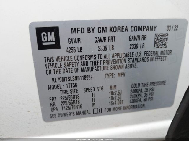KL79MTSL3NB118959 Chevrolet Trailblazer Fwd Rs
