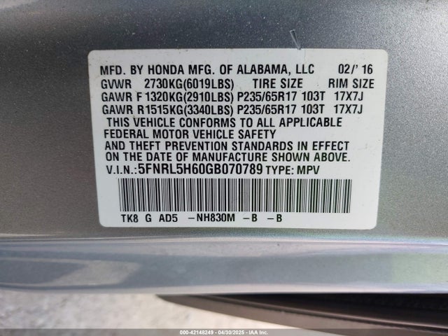 5FNRL5H60GB070789 Honda Odyssey Ex-l