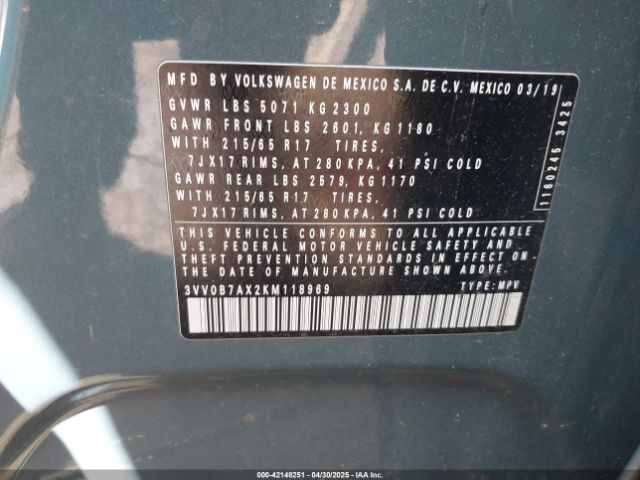 3VV0B7AX2KM118969 Volkswagen Tiguan 2.0t S