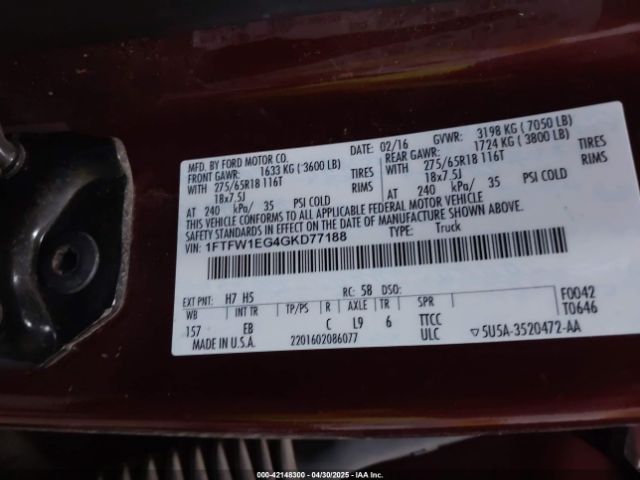 1FTFW1EG4GKD77188 Ford F-150 Lariat
