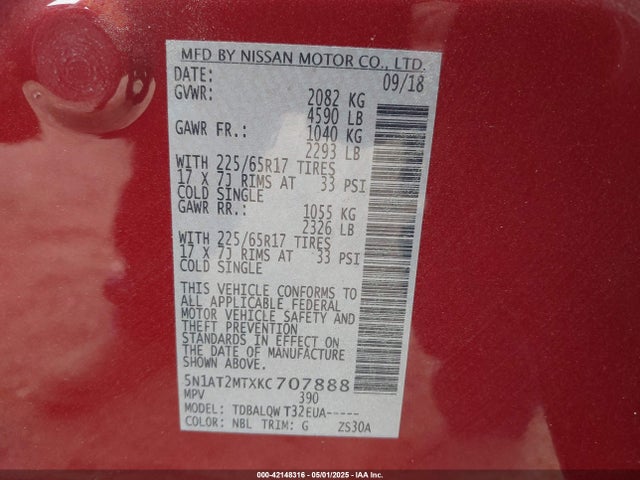 5N1AT2MTXKC707888 Nissan ROGUE SV