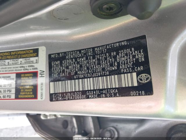 4T1BK1EB7JU281738 Toyota AVALON XLE