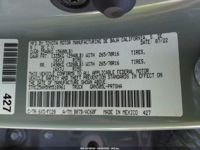 3TMCZ5AN5NM518961 Toyota Tacoma Sr5 V6