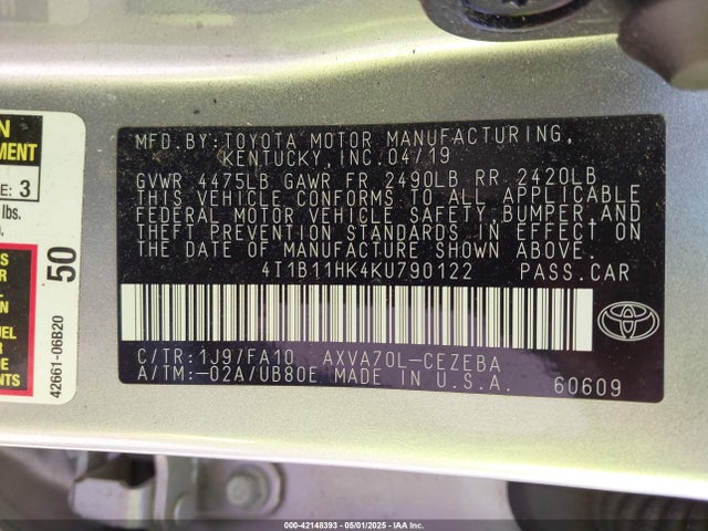 4T1B11HK4KU790122 Toyota CAMRY L