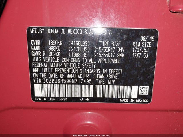 3CZRU6H59GM717495 Honda HR-V EX