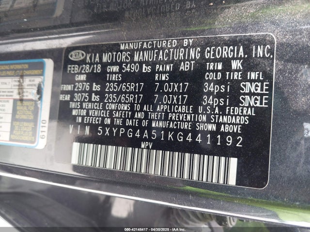 5XYPG4A51KG441192 KIA gdi lambda-ii