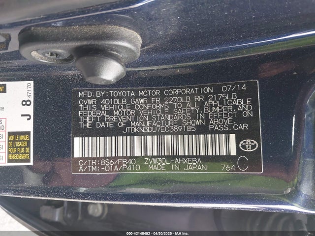 JTDKN3DU7E0389185 Toyota Prius Two