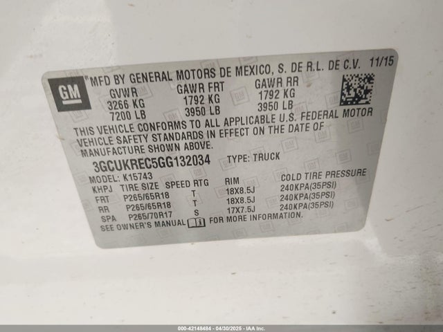 3GCUKREC5GG132034 Chevrolet Silverado 1500 2lt
