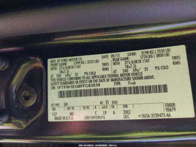 1FTFW1EG9FFC83539 Ford F-150 Xlt