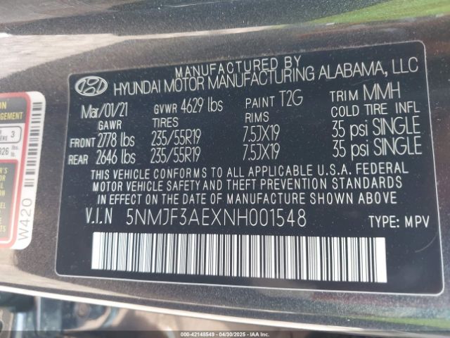 5NMJF3AEXNH001548 Hyundai TUCSON SEL
