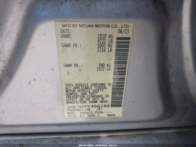 1N4AL3AP0FC466288 Nissan Altima 2.5/2.5 S/2.5 Sl/2.5 Sv