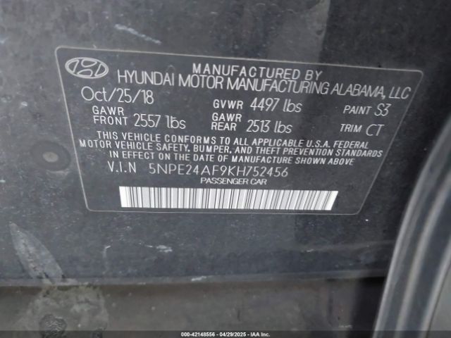 5NPE24AF9KH752456 Hyundai SONATA SE