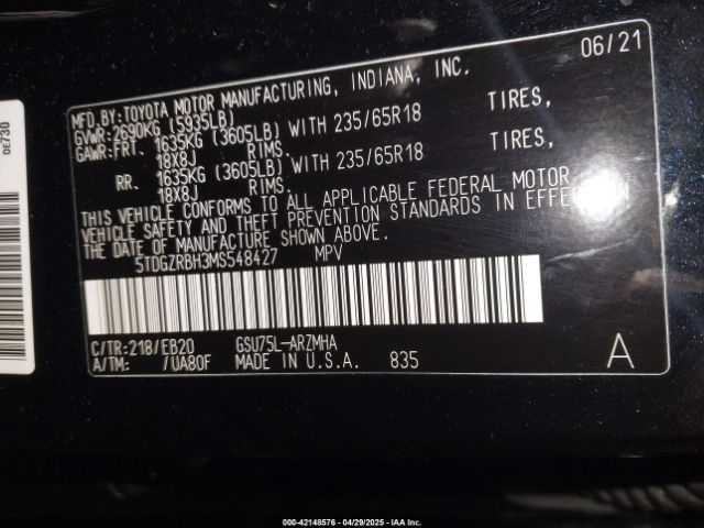 5TDGZRBH3MS548427 Toyota Highlander Xle