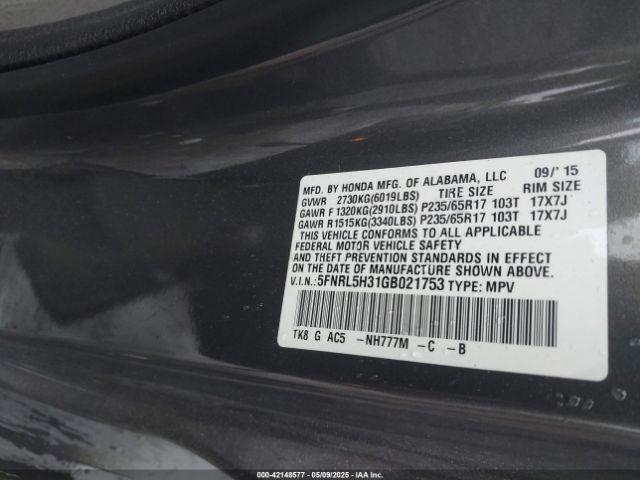 5FNRL5H31GB021753 Honda ODYSSEY SE