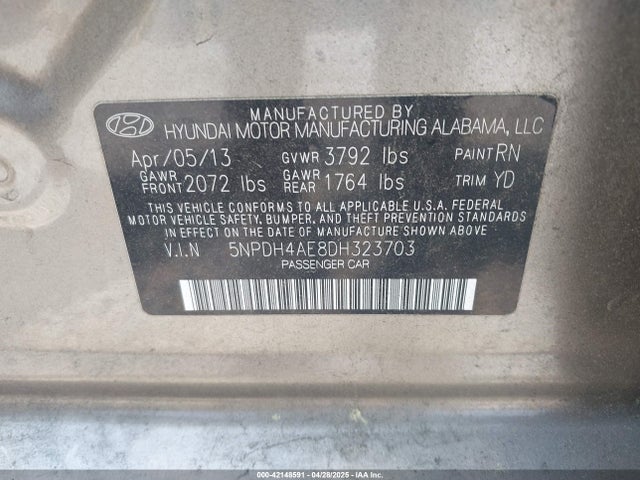 Aukcja sprzedaży 2013 Hyundai Elantra Limited, vin: 5NPDH4AE8DH323703, numer aukcji: 42148591
