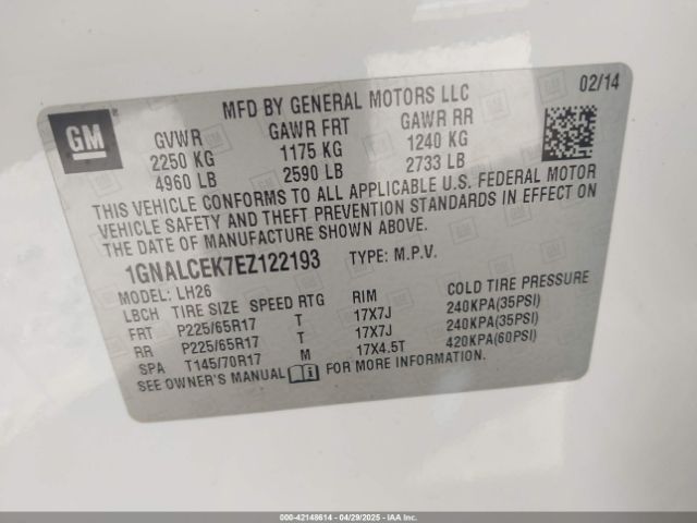 1GNALCEK7EZ122193 Chevrolet Equinox 2lt
