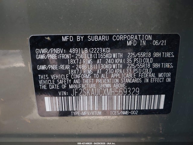 JF2SKAUCXMH569329 Subaru Forester Limited