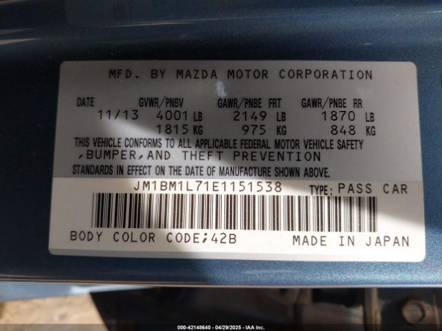 JM1BM1L71E1151538 Mazda Mazda3 I Touring