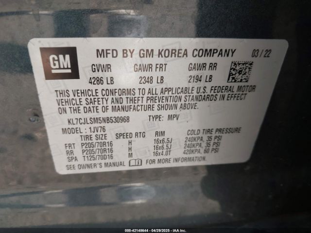 KL7CJLSM5NB530968 Chevrolet Trax Fwd Lt