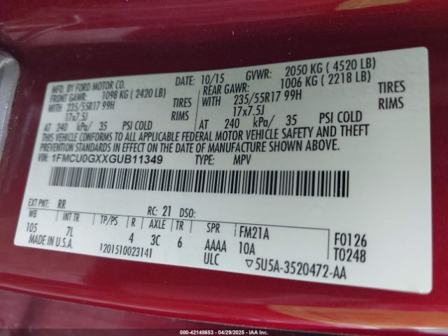 1FMCU0GXXGUB11349 Ford ESCAPE SE