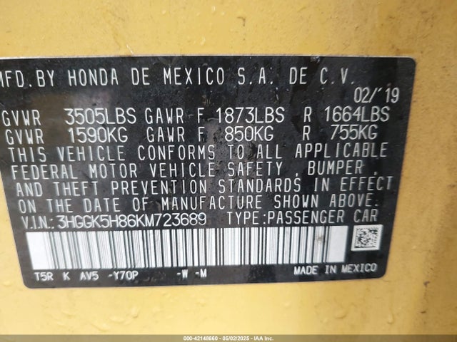 3HGGK5H86KM723689 Honda FIT EX