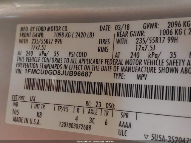 1FMCU0GD8JUB96687 Ford 1.5l gtdi sigma w/premium fuel