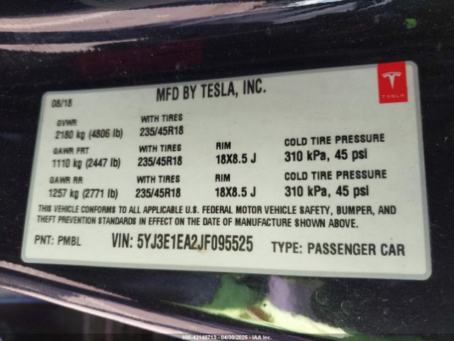 5YJ3E1EA2JF095525 Tesla Model 3 Long Range/mid Range