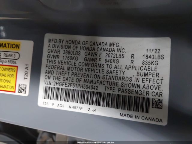 2HGFE2F51PH504042 Honda Civic Sport