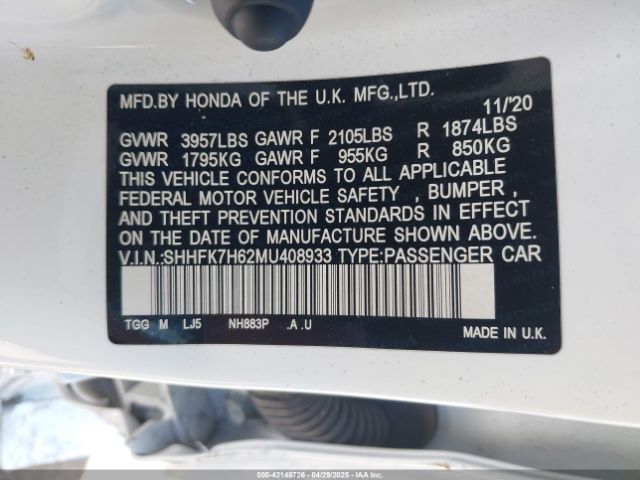SHHFK7H62MU408933 Honda CIVIC EX