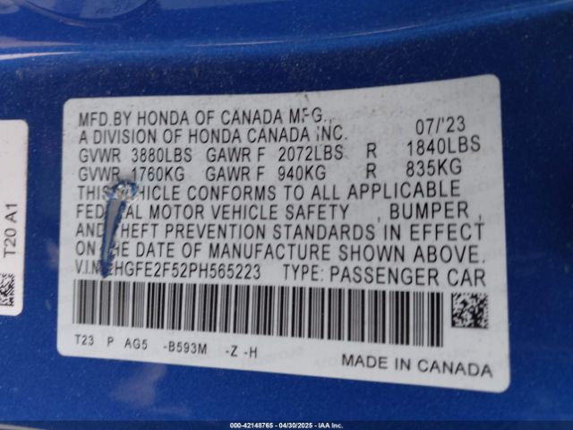 2HGFE2F52PH565223 Honda Civic Sport