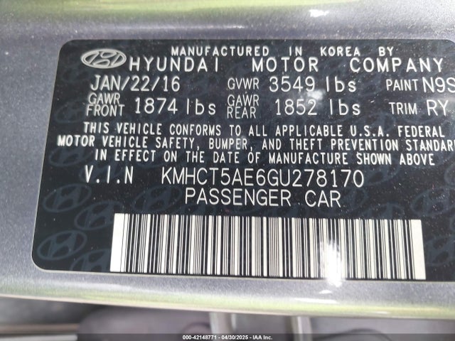 KMHCT5AE6GU278170 Hyundai ACCENT SE