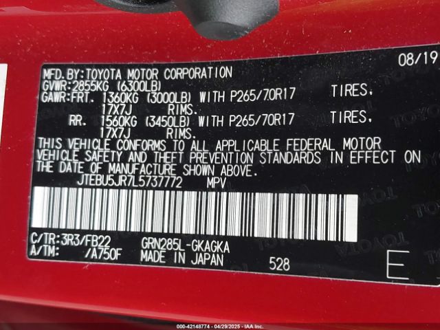 JTEBU5JR7L5737772 Toyota 4RUNNER SR5