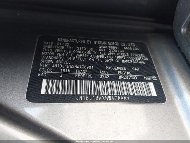 JN1BJ1BWXNW478981 Nissan Rogue Sport Sv Awd Xtronic Cvt