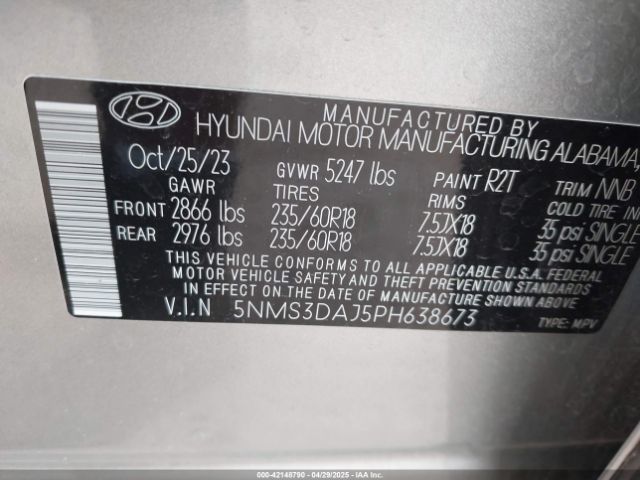 5NMS3DAJ5PH638673 Hyundai Santa Fe Sel