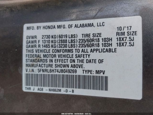 5FNRL6H74JB049269 Honda Odyssey Ex-l