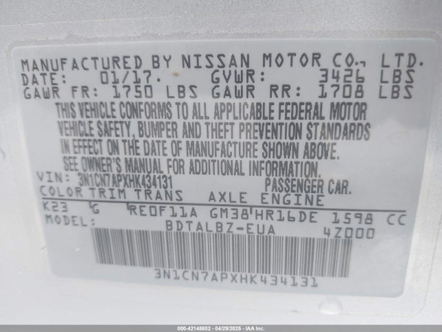 3N1CN7APXHK434131 Nissan Versa 1.6 Sv