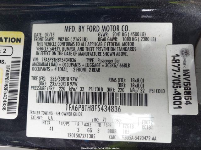 1FA6P8TH8F5434836 Ford Mustang Ecoboost
