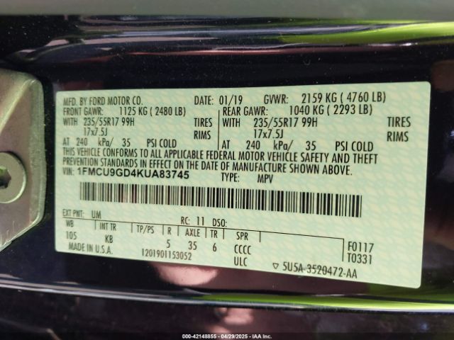 1FMCU9GD4KUA83745 Ford ESCAPE SE