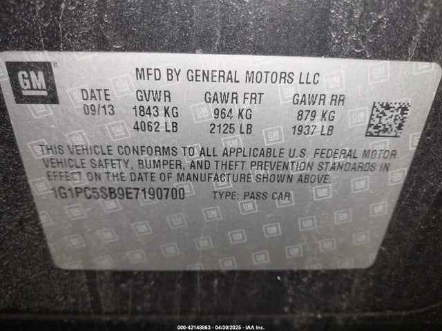 1G1PC5SB9E7190700 Chevrolet Cruze 1lt Auto