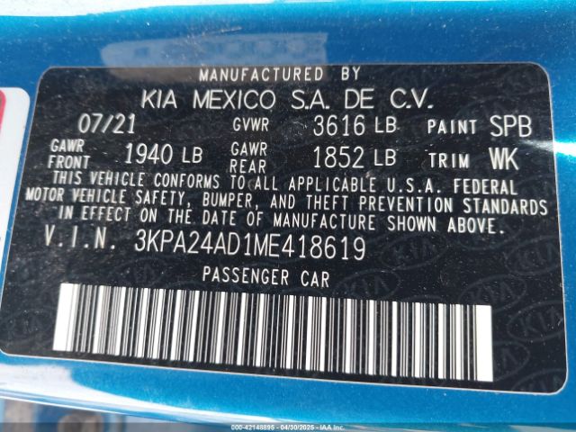 3KPA24AD1ME418619 KIA RIO S