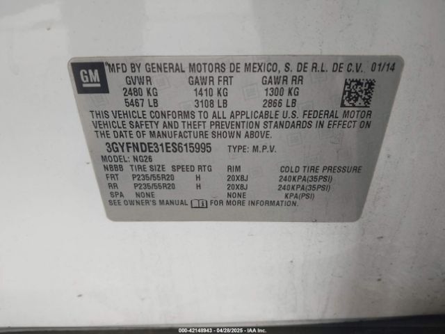 3GYFNDE31ES615995 Cadillac Srx Premium Collection