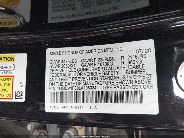 1HGCV1F30LA108334 Honda Accord Sport