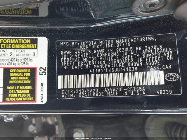 4T1B11HK5JU141038 Toyota CAMRY SE