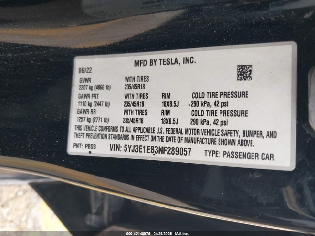 2022 TESLA MODEL 3 5YJ3E1EB3NF289057 Photo 8
