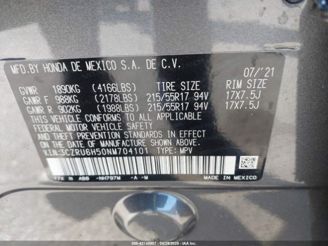 3CZRU6H50NM704101 Honda Hr-v Awd Ex