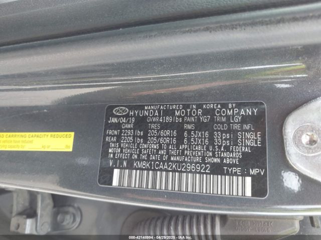 KM8K1CAA2KU296922 Hyundai Kona Se