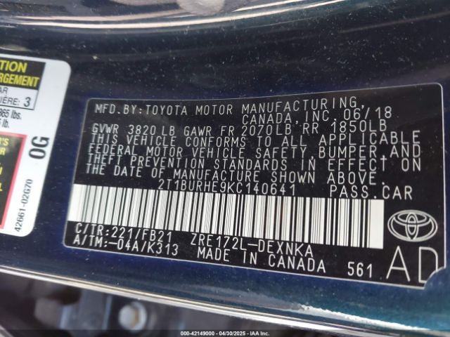 2T1BURHE9KC140641 Toyota COROLLA LE