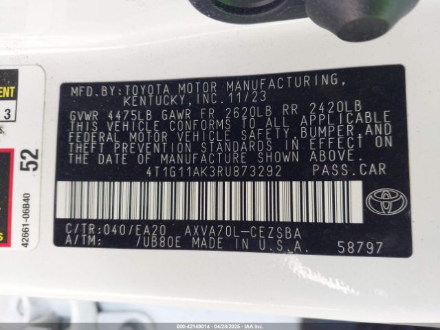 4T1G11AK3RU873292 Toyota CAMRY SE