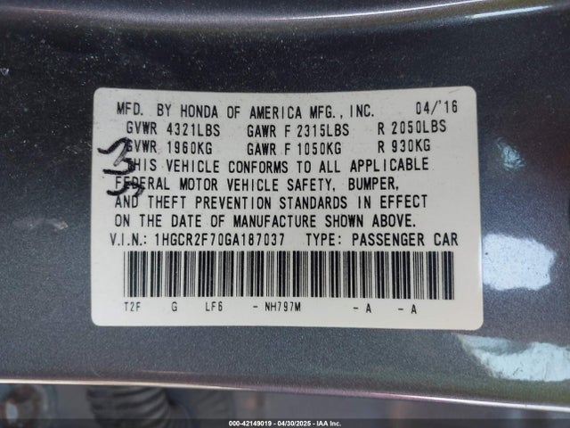 1HGCR2F70GA187037 Honda ACCORD EX
